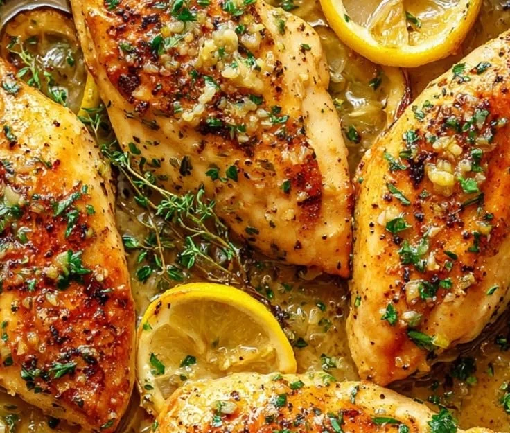 Delicious lemon garlic chicken with a golden crust and glossy butter sauce