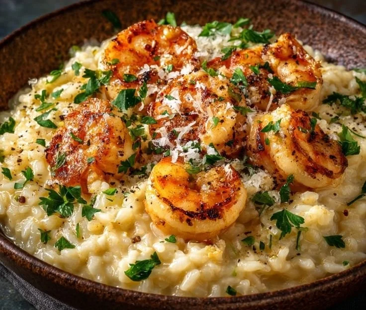 Creamy lemon garlic shrimp risotto garnished with herbs and served in a bowl