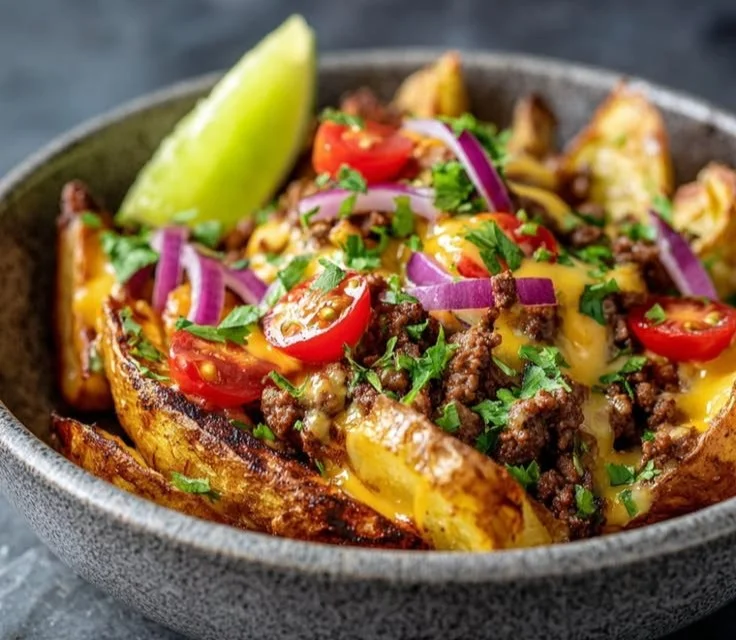 Delicious Loaded Fiesta Potato Bowls topped with fresh toppings and spices