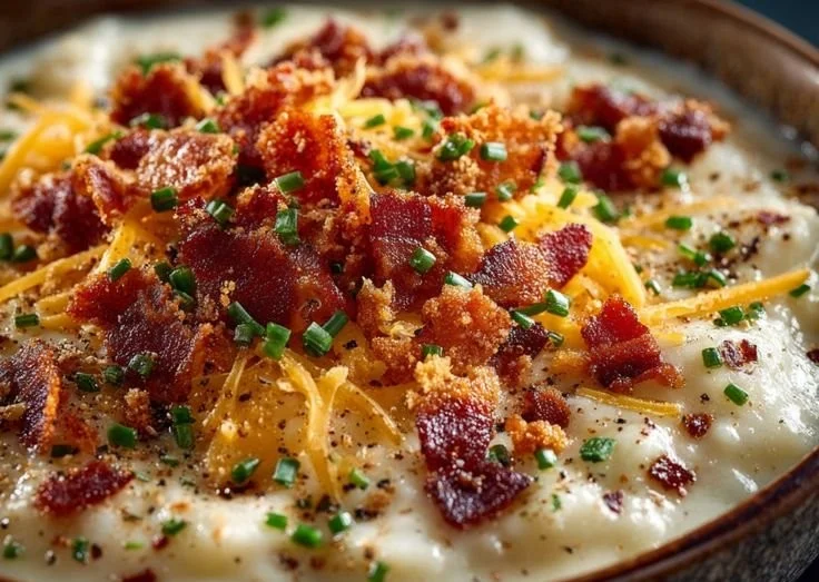 A bowl of creamy Loaded Potato Soup topped with cheese, bacon, and green onions.