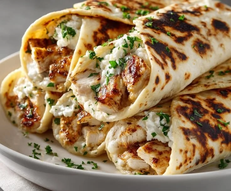 Low Carb Cheesy Garlic Chicken Wrap on a plate with fresh ingredients.
