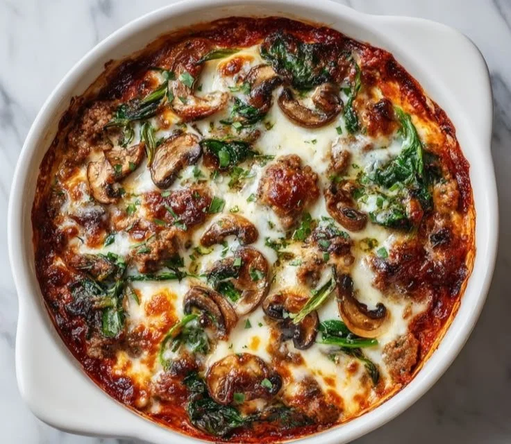 Low carb crustless pizza bowl topped with fresh ingredients and cheese.