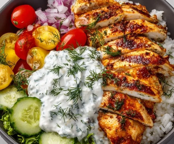 Mediterranean Chicken Tzatziki Bowls served with fresh vegetables and herbs