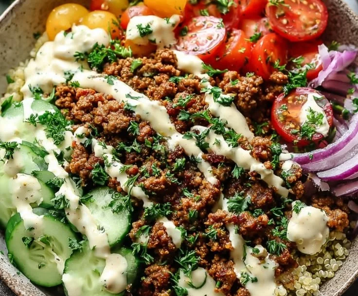 Mediterranean Ground Turkey Bowl with vibrant vegetables and herbs