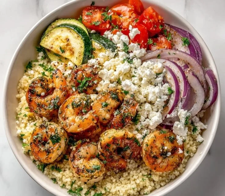 Delicious Mediterranean shrimp dish garnished with herbs and served on a plate.