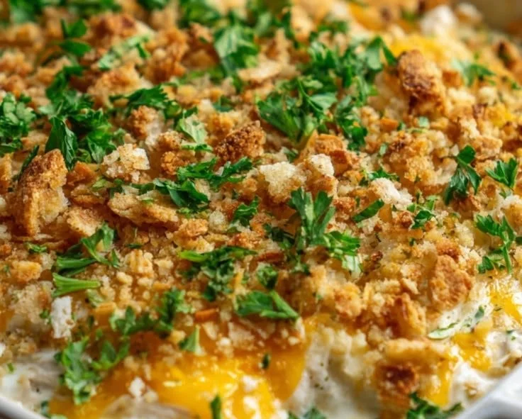 Delicious Neiman Marcus Chicken Casserole served in a vintage style dish