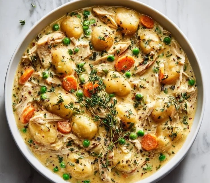 One Pot Gnocchi Chicken Pot Pie served in a bowl with fresh herbs