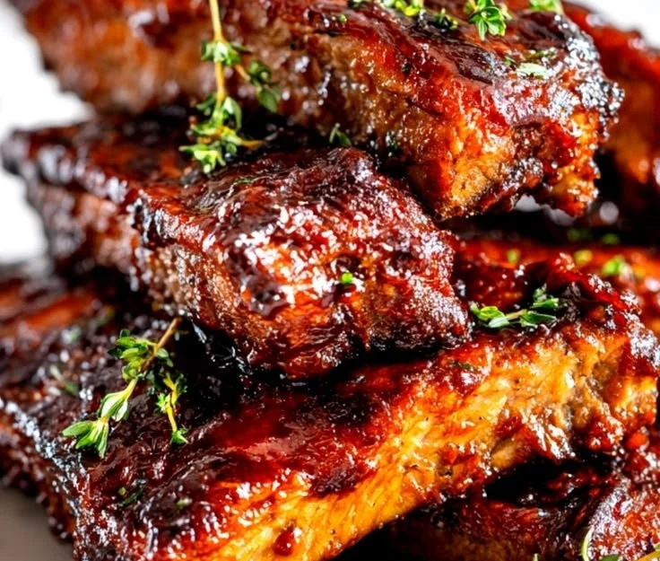 Oven roasted country style pork ribs, tender and juicy, served with sauce