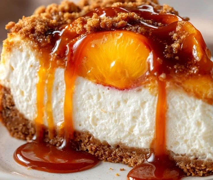 Delicious Peach Cobbler Cheesecake topped with fresh peaches and crispy cobbler.