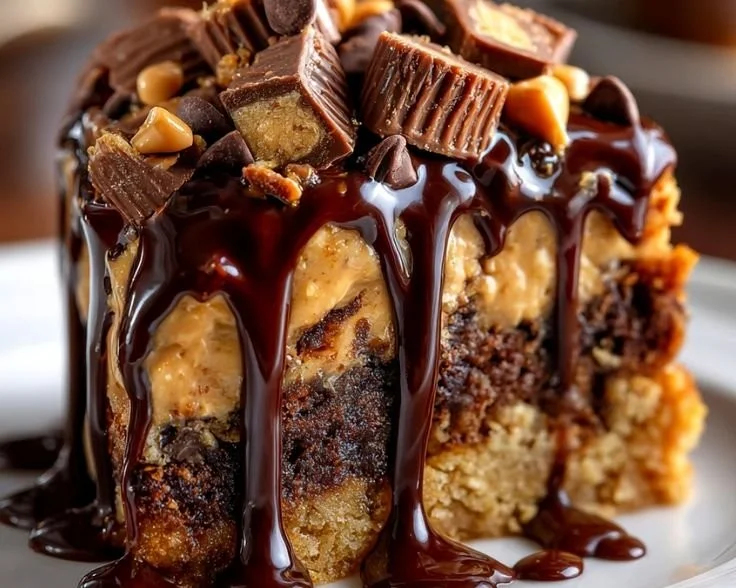 Peanut Butter Cup Dump Cake with chocolate and peanut butter layers