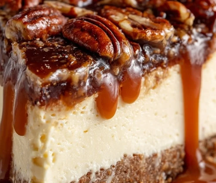 Delicious Pecan Pie Cheesecake topped with crunchy pecans and caramel sauce
