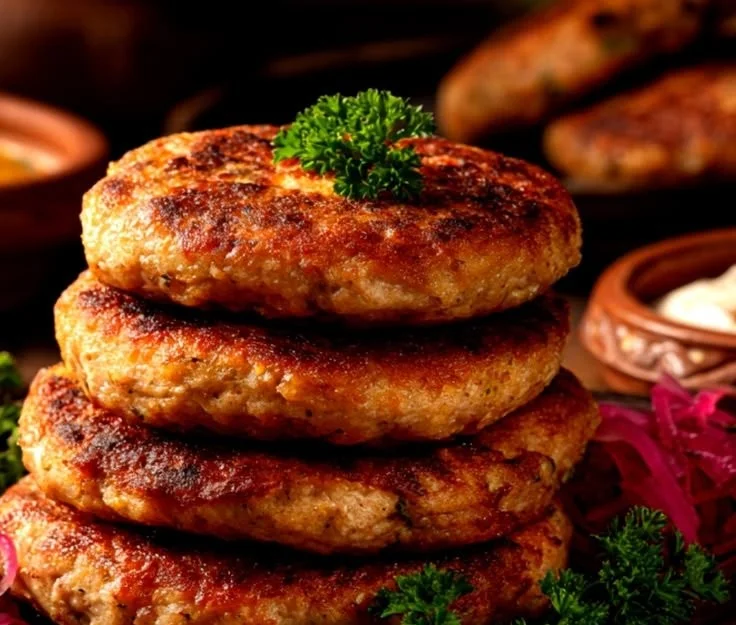 Delicious Persian Kotlet served with sides of fresh vegetables and rice.