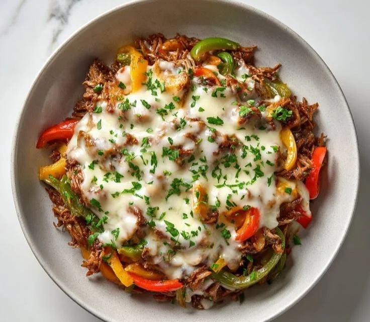 Delicious Philly Cheesesteak Bowls topped with beef, cheese, and peppers