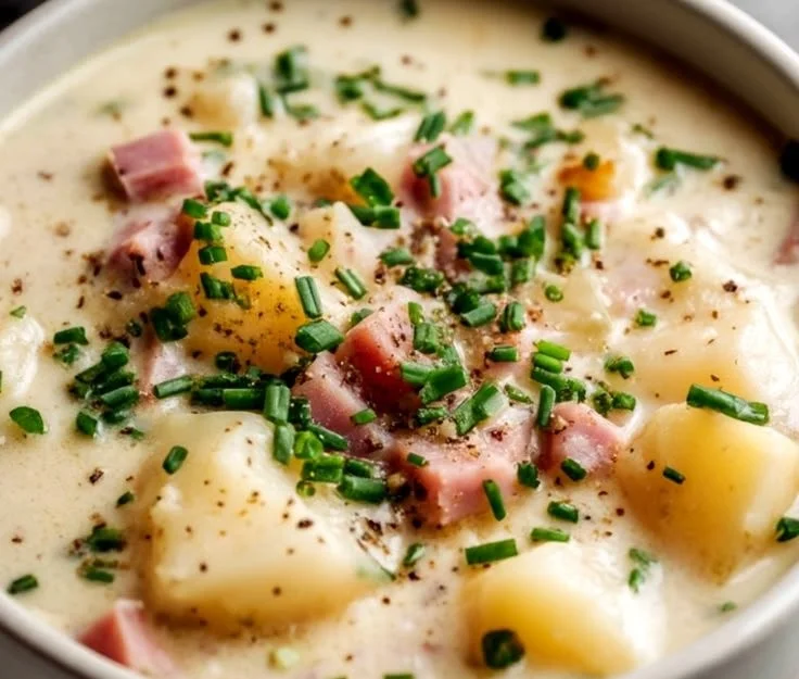 Bowl of hearty potato ham soup with fresh herbs and spices