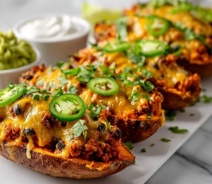 Protein loaded sweet potato boats topped with healthy ingredients