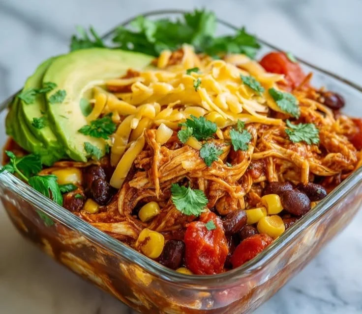 Delicious protein-packed chicken enchilada bowls served in a colorful dish.