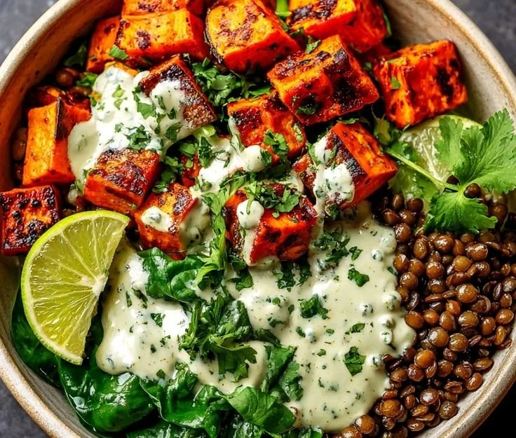 Protein-packed sweet potato and lentil Buddha bowl, a healthy and cozy meal.