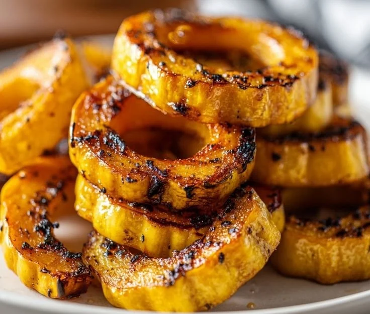 Plate of roasted delicata squash slices garnished with herbs