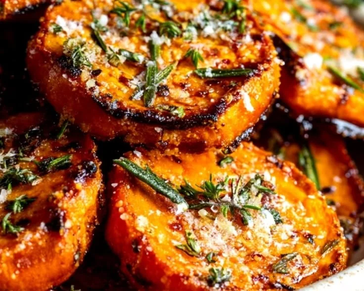 Delicious roasted sweet potatoes perfectly crispy and golden brown.