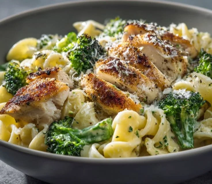 Rotisserie chicken and broccoli pasta dish garnished with herbs