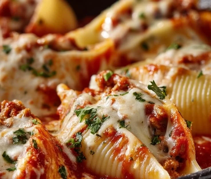Delicious plate of Sausage Stuffed Shells topped with marinara and cheese.