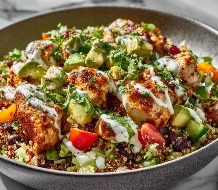 Savory chicken quinoa bowls filled with vibrant vegetables and spices for a cozy meal.