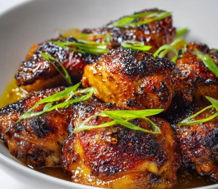 Savory miso chicken thighs plated with vegetables and garnishes