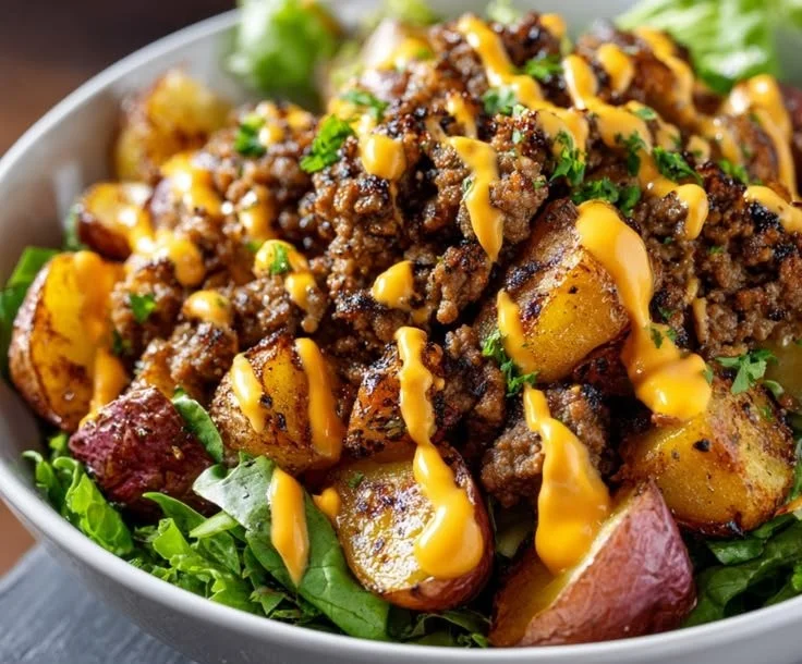 Savory smash burger bowl topped with fresh ingredients and savory flavors