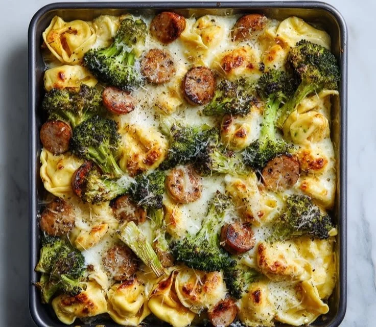 Sheet Pan Broccoli Tortellini Bake with fresh vegetables