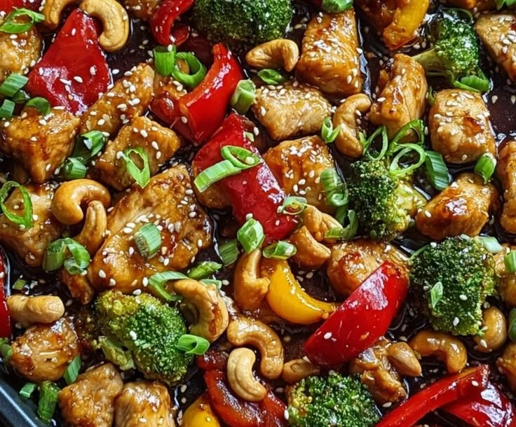 Sheet pan cashew chicken with crispy vegetables and sweet sauce