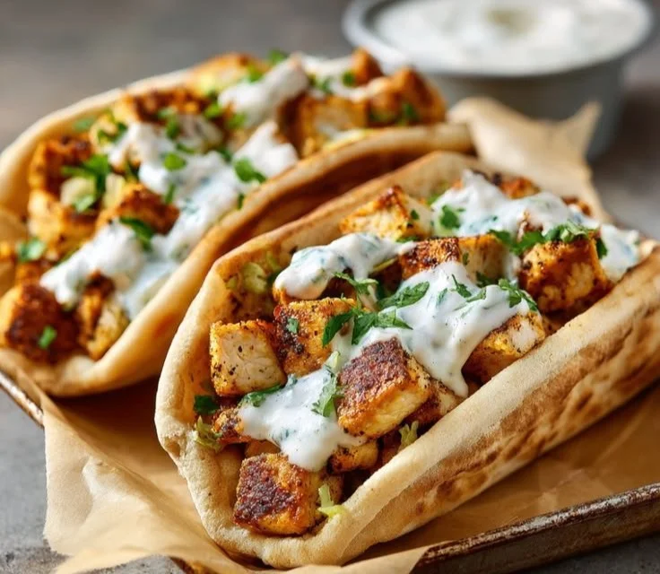 Sheet Pan Chicken Pitas with fresh vegetables and tasty seasoning