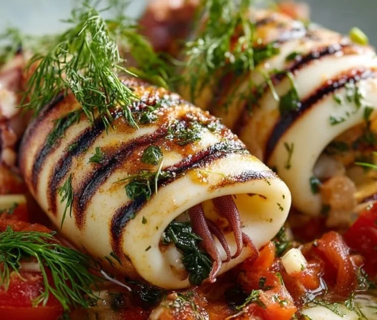 Sicilian stuffed squid served with fresh herbs and spices