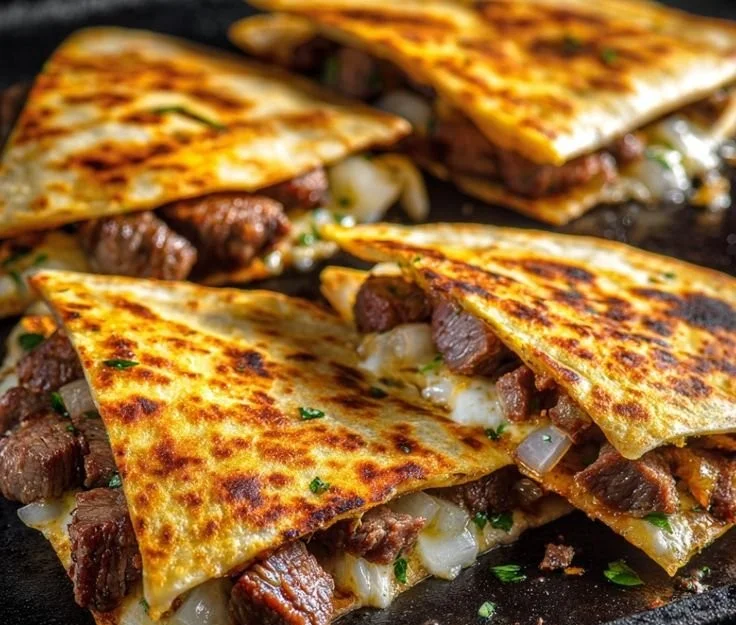 Sizzling steak quesadillas cooked on a Blackstone griddle.