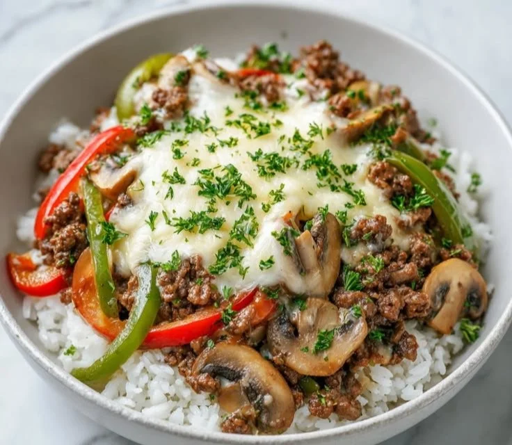Sizzling ground beef Philly cheesesteak with melted cheese and peppers on a roll