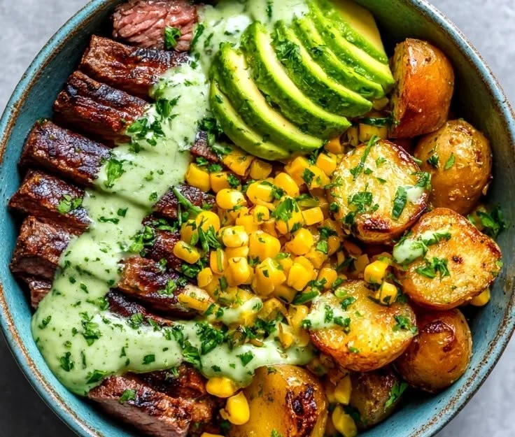 Delicious sizzling steak bowl with fresh vegetables and savory sauces