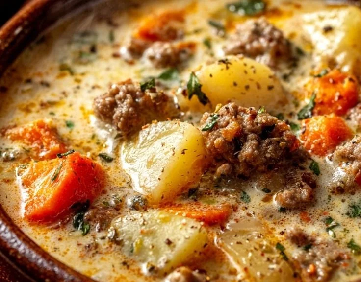 Delicious crockpot cheeseburger soup served in a bowl with toppings.