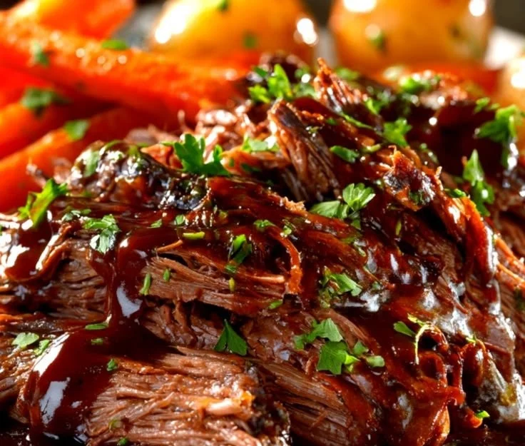 Slow Cooker Balsamic Glazed Roast Beef garnished with herbs and spices