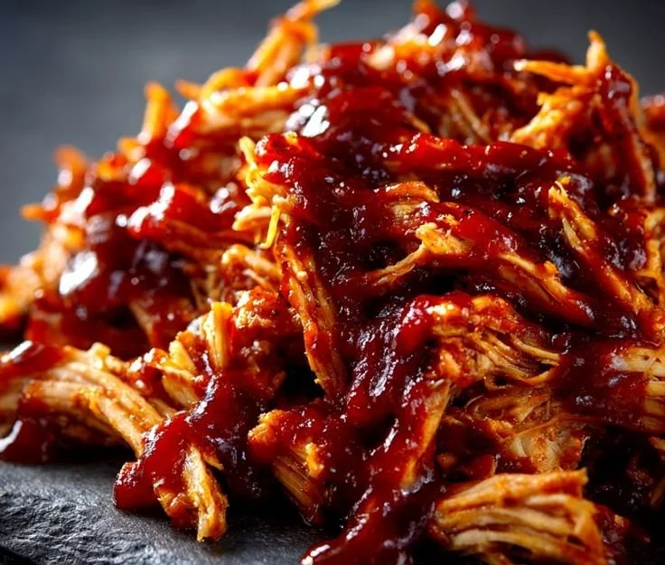 Slow Cooker BBQ Pulled Chicken in a serving bowl with sauce