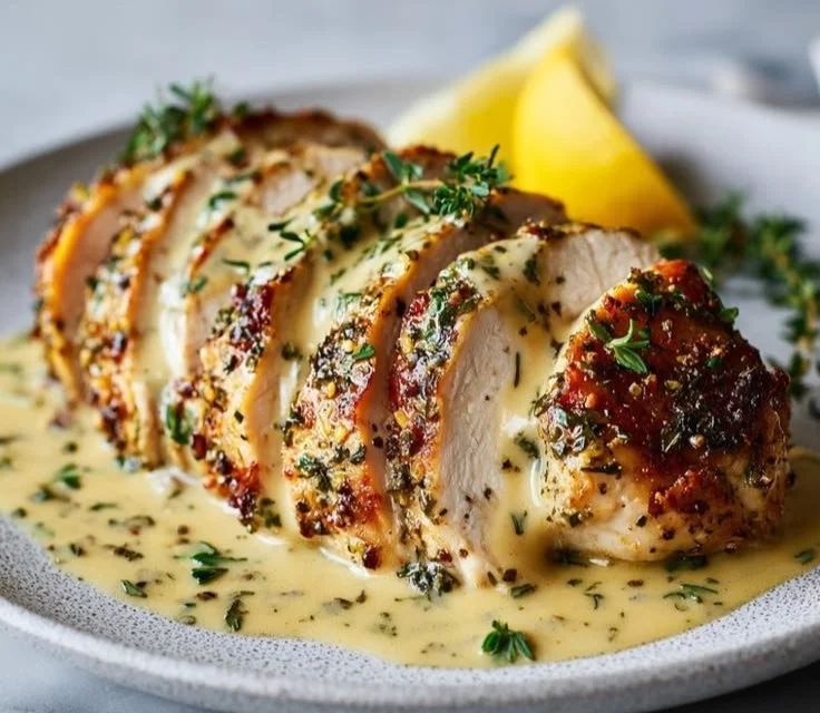 Plate of slow cooker lemon herb chicken garnished with fresh herbs