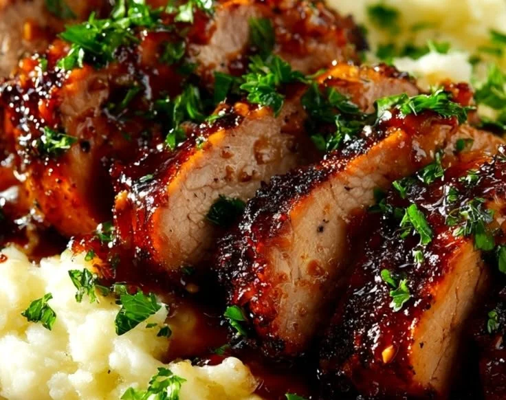 Tantalizing slow cooker pork tenderloin cooked to perfection and served on a plate