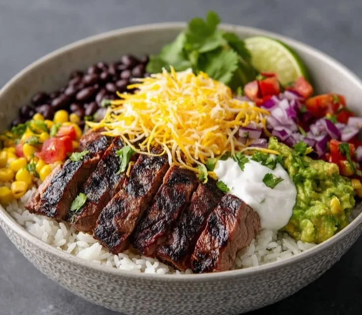 Delicious steak burrito bowl with crispy veggies and creamy cilantro rice