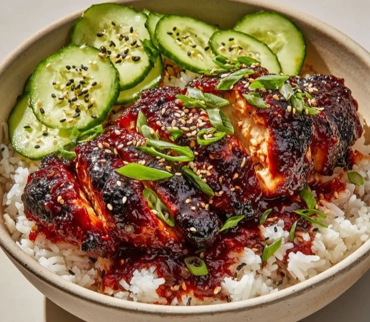Plate of sticky honey gochujang chicken garnished with sesame seeds and scallions.