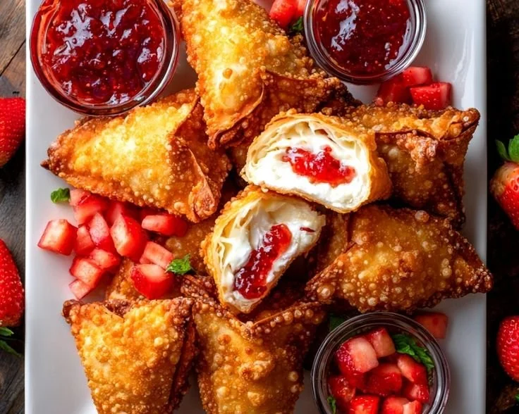 Delicious Strawberry Cheesecake Wontons served on a plate