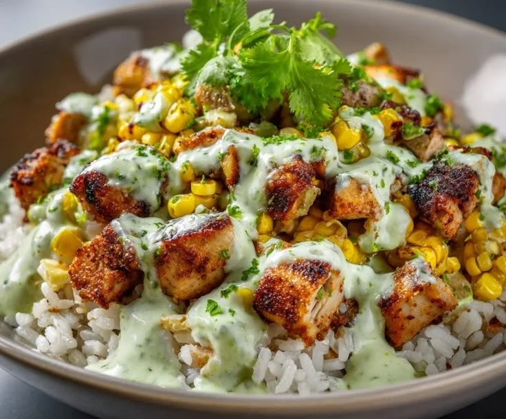 Delicious Street Corn Chicken Rice Bowl topped with fresh ingredients and spices.