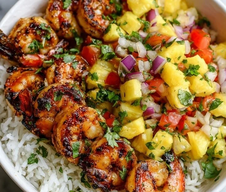 Bowl of sun-kissed shrimp and pineapple rice, a delicious weeknight meal