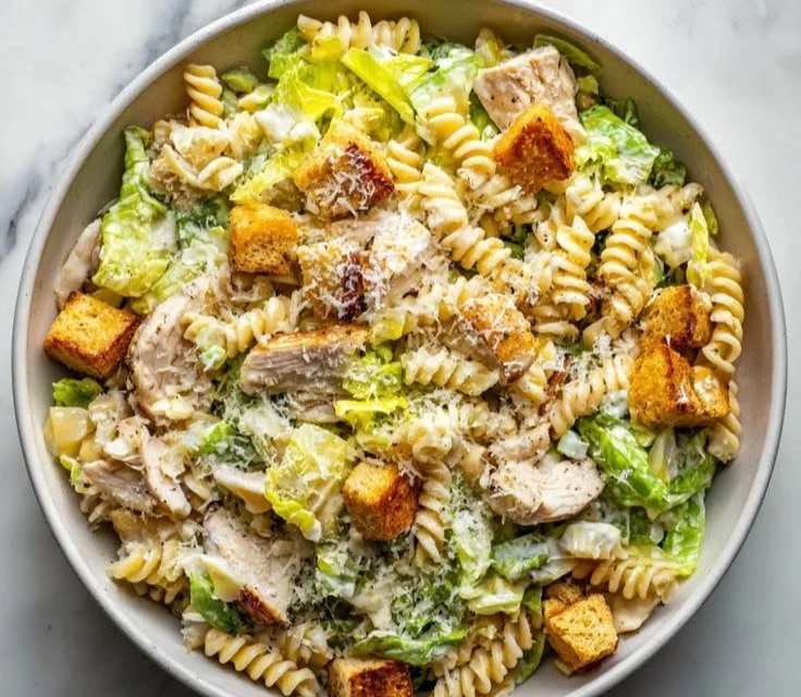 Delicious Sunlit Caesar Chicken Pasta Salad featuring creamy dressing and crunchy toppings