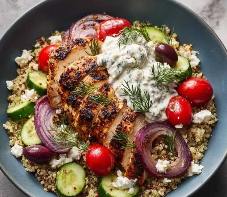 Colorful Greek Chicken Bowls with fresh vegetables and citrus dressing
