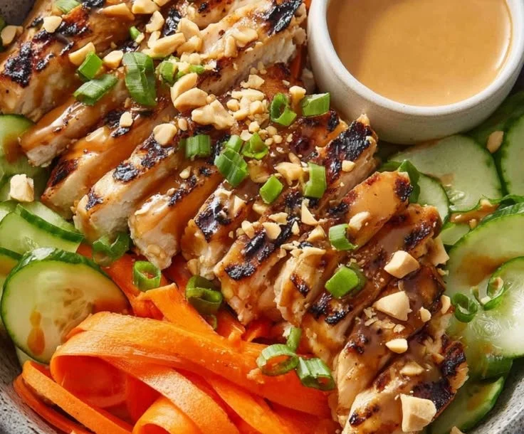 Delicious bowl of Thai Peanut Chicken with fresh ingredients and vibrant colors.
