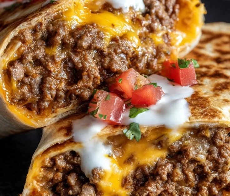 Delicious Beefy Melt Burrito on a plate, inspired by Taco Bell's recipe.