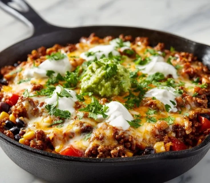 Delicious and colorful Taco Skillet meal topped with cheese and fresh ingredients